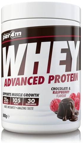 Per4m Protein Whey Powder | 30 Servings of High Protein Shake with Amino Acids | for Optimal Nutrition When Training | Low Sugar Gym Supplements (Chocolate & Raspberry, 900g)