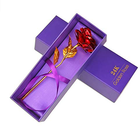 24K Or Rose Eternelle, Artificielle Gold Rose Fleur Rose avec boîte Cadeau, Cadeaux Romantiques pour la Saint-Valentin, la Fête des Mères, Anniversaire, Anniversaire(Rouge)