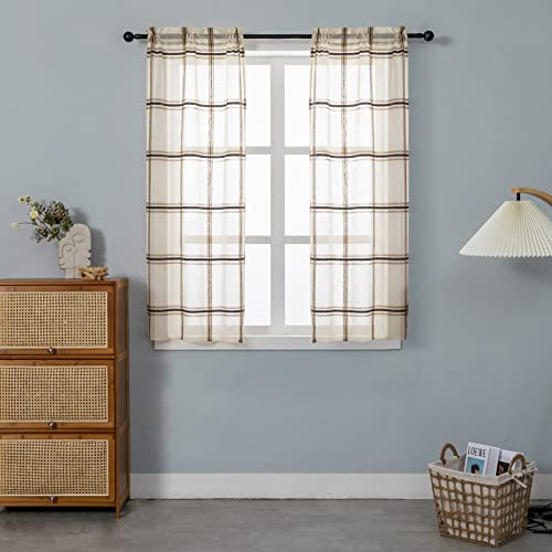 Coppia Tende Semitrasparenti Fantasia a Quadri Tenda per Soggiorno e Camera da Letto 2 Pannelli con Tasca (Crema, 70x150cm)
