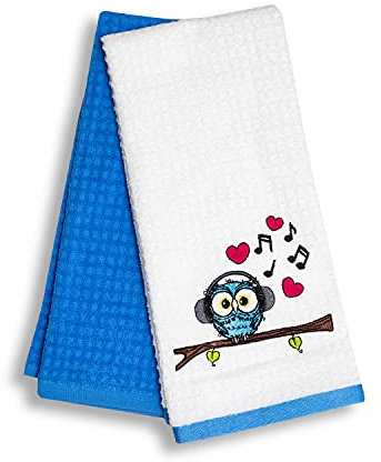 SYS Online Geschirrtücher Baumwolle 2er Pack, Waffelpique Stoff Handtücher Set, Oeko-tex® Hochwertige Geschirrtücher mit Motiv, 100% Baumwolle, Blaue Eule - Blue Owl, 60x40cm (Blau - Weiß)