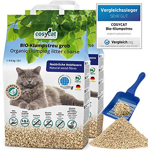 COSYCAT Klumpendes Bio-Katzenstreu aus Holz GROB [Limited Edition] – 40 l – in der Toilette entsorgbar – Klumpstreu pflanzlich - Holzstreu
