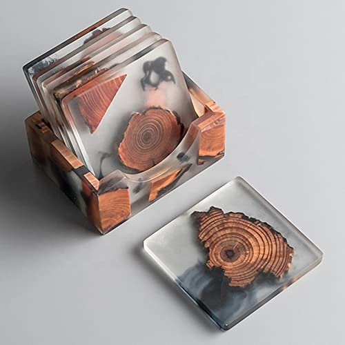 Saumo Untersetzer quadratisch für Gläser 6er Set Ink. Halter - Quadratische Design Glasuntersetzer für Getränke, Tassen, Bar, Glas - Tischuntersetzer Echt - Holz/Epoxidharz Resin Dekoration