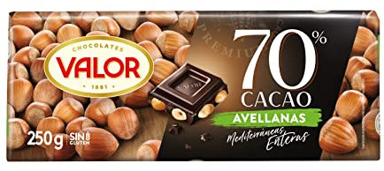 Valor - Chocolate Negro 70% con Avellanas Mediterráneas Enteras. Chocolate Valor sin Gluten. Intenso Sabor y Aroma. Apto para Celiacos - 250 Gramos