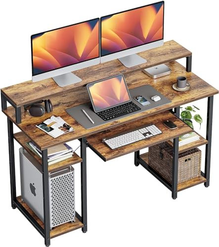 CubiCubi 120x50 cm Computer Desk with Storage Shelves Monitor Stand Keyboard Tray, Home Office Desk, Study Writing Table, Brown