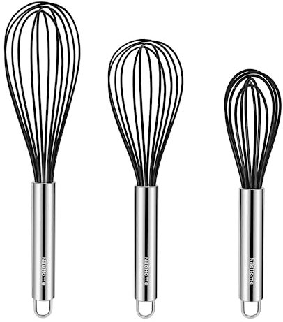 NileHome Whisk Commercial Whisks Stainless Steel & Silicone Non-Stick Coated Small Whisk Set 8 10 12 Kitchen Wisk Wire Whisks for Cooking 3 Pack, Black
