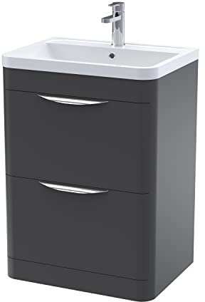 nuie FPA1401 Parade Modern Bathroom Floor Standing 2 Drawer Vanity Basin Cabinet with Polymarble Basin, 600mm, Satin Anthracite