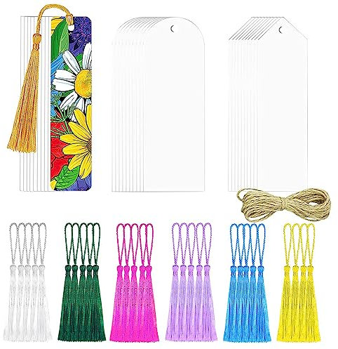 Tucireat Blanko Lesezeichen 30 Stück Rechteckige Acryl Lesezeichen Acryl Lesezeichen Rohling Leere Craft Lesezeichen Acryl DIY Lesezeichen Personalisiert Transparente Lesezeichen mit 30 Bunten Quasten
