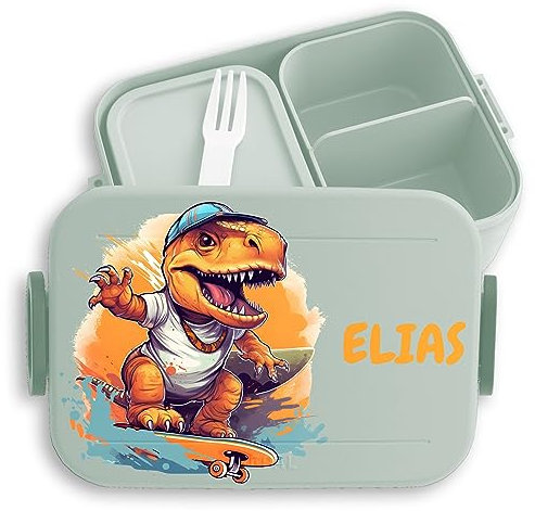 Kinder Bento Box Midi Lunchbox für Mepal Bentobox - Dino T-Rex Dinosaurier TRex Skateboard - 900 ml - Sage Grün - t rex brotdose kinderbrotdosen kindergarten saurier fans geschenke zur einschulung