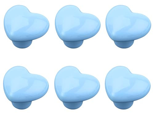 Bekecidi 6 Pcs Heart Ceramic Drawers Knobs, Single Hole Kitchen Cupboard Door Pull Handles, Cute Drawers Cabinet Wardrobe Dresser Knobs Handmade Decorative Handles(Blue)