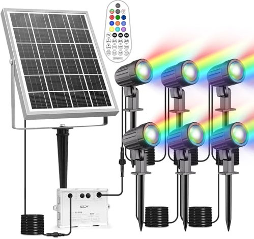 CLY Solarlampen für Außen, Solar Strahler RGB Gartenleuchte mit Fernbedienung IP66 Wasserdichte 10 Farben 30 Dynamische Modi Timer Gartenbeleuchtung für Gärten Pfad Weihnachtstag Dekoration 6 Stück
