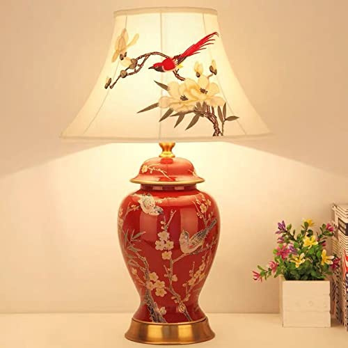 Chao Zan Lámpara de Cerámica,Lámpara Escritorio Diseño Clasico Vintage para Dormitorio,Lámparas de Mesita de Noche,Sin Bombillas (Rojo)