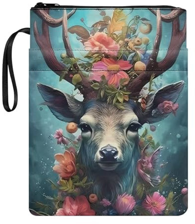 Poceacles Buchhülle mit Hirsch-Blumendruck mit Reißverschluss, waschbarer Träger Buchschutz für Hardcover-Bücher, wiederverwendbare Schutzhüllen für Lehrbuch, Einheitsgröße, CZ25