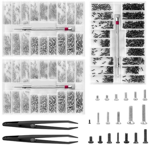 Riisoyu 1500 Stück Kleine Schrauben Sortiment Kit, Schrauben Reparatur Set mit 3 Schraubendreher & Pinzette Winzige Mikroschrauben für Brillen, Uhren, Schmuck, praktisch und einfach zu tragen