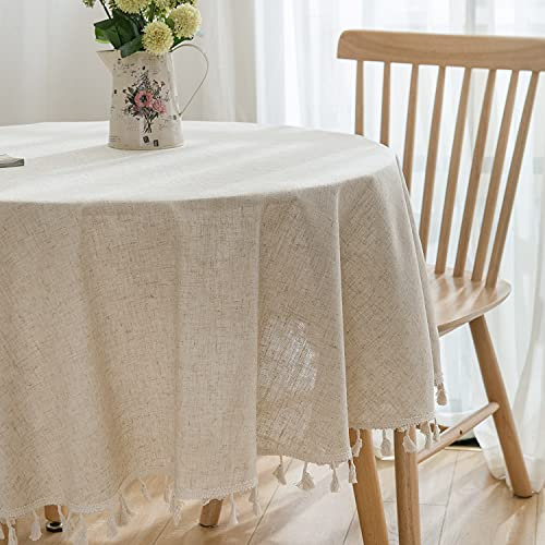 Runde Baumwoll-Leinen-Tischdecke, beige, Jute-Tischdecke, 120 cm, fester Stoff, Tischdecke mit Quasten für Küche, Esszimmer, Tee, Kaffee, Schreibtisch, Party, Hochzeit, Urlaub (119,4 cm)
