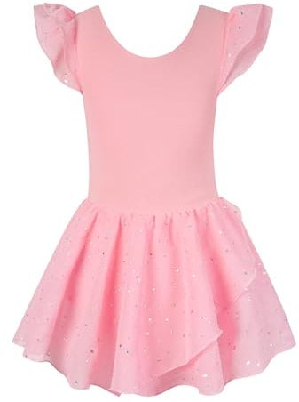 ALISISTER Ballettkleider Rosa Mädchen Kurzarm Ballettkleidung Baumwolle Glitzer Tanzkleid Ballettanzug Kinder Balletttrikot mit Tüllrock 6-7 Jahre