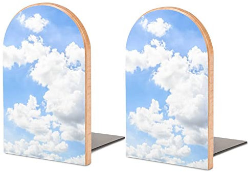 Serre-livres en bois avec nuages blancs sur ciel bleu, support d'étagère antidérapant en bois pour étagères, maison, bureau, bibliothèque, étude