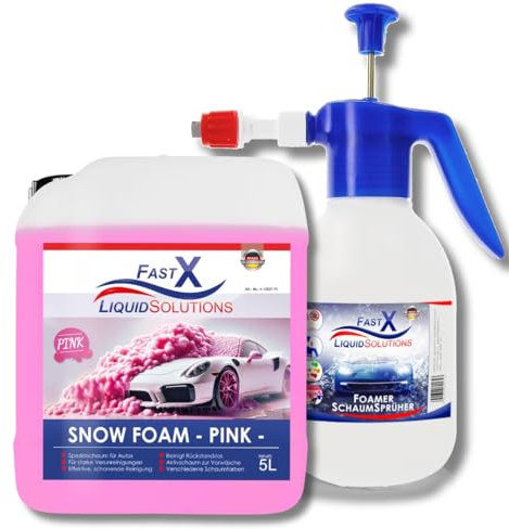 Snow Foam Auto-Reinigungsschaum Aktivschaum im Set mit Pump Sprüher und ohne: pH-Neutral, Lack- & Folien-Schutz in Pink, Blau, Klar – Intensive Pflege & Vorwäsche (Pink, 5 Liter inkl. Schaum Pistole)
