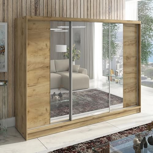 A&J MöbelLand Schwebetürenschrank VIDA, 3-türig Kleiderschrank 200cm mit 4 Schubladen, und Spiegel, Garderobe 200 cm (Eiche Kraft Gold)