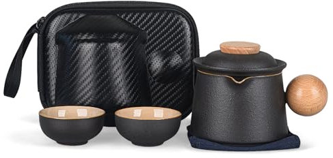 fanquare Service à Thé en Porcelaine Service à Thé de Voyage Miniature Noir Théière Chinoise Kung Fu avec Infuseur et Sac de Rangement pour l'extérieur
