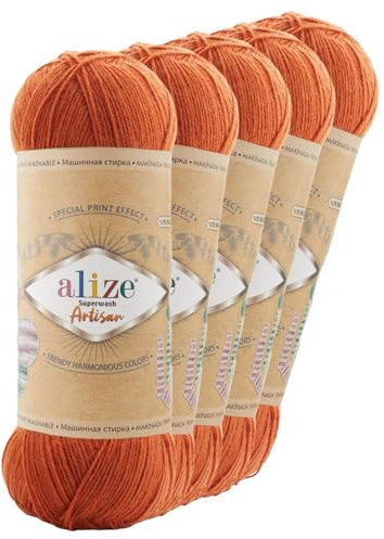 5 x 100g Sockenwolle Alize Superwash Artisan 75% Wolle Strickwolle Häkelgarn Farbwahl, Farbe:433 orangebraun