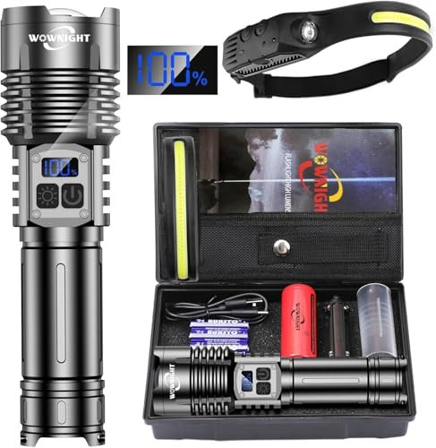 WOWNIGHT Taschenlampe LED Aufladbar 500000 Lumen, 2 Schalter LED Taschenlampe Extrem Hell USB C, Starke Taktische Taschenlampe Batteriebetrieben, Stufenlos Dimmbar Mit Stirnlampe For Outdoor Notfälle