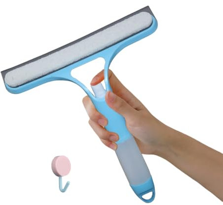 Theuwnee® 3 en 1 Rasqueta Limpiacristales para Ducha,con Borrador de Esponja y regadera, Limpiacristales para Ducha, baño, Azulejos, Espejos, Ventana, Regalar un Gancho (Azul)