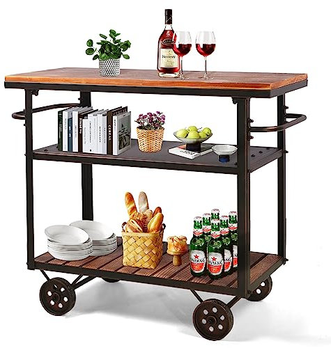 BOKKOLIK Farmhouse Mobiler Wagen mit Rädern für Zuhause, Küche, industrieller Rollwagen für Lebensmittel, Outdoor, Vintage, Holz und Metall, Design, Mehrzweckwagen im Büro, Kaffeehaus, 3 Etagen mit 2