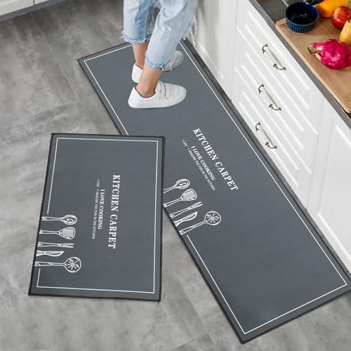 HomKuch Juego de alfombras de Cocina Antideslizantes, 2 Almohadillas y Mantas Suaves y cómodas Gris 40x60+40x120cm