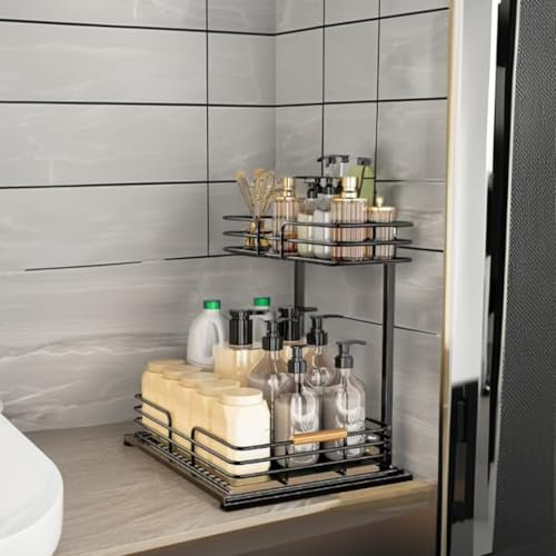 Adjustable 2-Tier Metal Under-Sink Organizer with Pull-Out Shelf, Space-Saving Storage Rack for Kitchen and Bathroom Cabinets (Black)