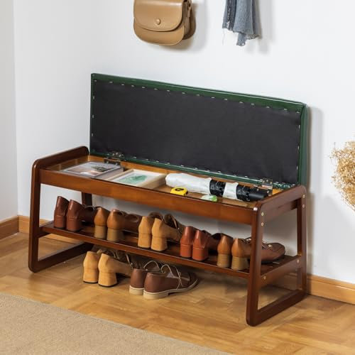 SOBIBO Solid Wood Shoe Bench, 2-Tier Entryway Bench with Cushion and Flip-Open Storage Box, Mid-Century Modern Shoe Bench Rack for Hallway, Mudroom(Green, 100cm, 39.4inches)