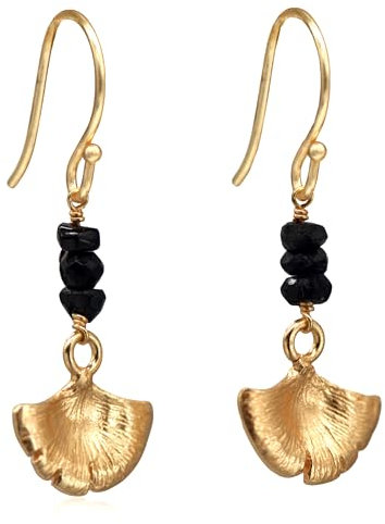 KOKO Goldene Ginkgo-Ohrringe mit Schwarzem Turmalin, Handgefertigt, Echte Natursteine, 18k Vergoldet, in Geschenkbox