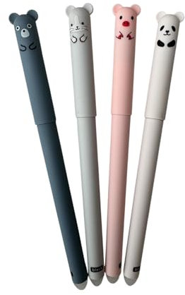 Baluni - Radierbare Tintenroller Kugelschreiber, 4 Stück unterschiedliche Motive Cartoon Bär Schwein Panda Katze 0,35 mm fein, Studenten, Schüler, Kinder, Erwachsene, Geschenk, nachfüllbar