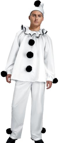 LIKUNGOU Clown Pierrot Kostüm Männer Schwarz Weiß Oberteil Hose Hut Clown Outfit Halloween Cosplay Verkleidung Set (XL)