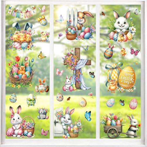 9 Blätter Fensterbilder Ostern Selbstklebend Set - Doppelseitig Abziehbare Aufkleber, Wiederverwendbare Osterndeko für Glastüren & Fenster, Deko mit Hasen/Eiern/Kirchenmotiven