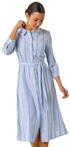 Roman Originals Shirt Dress for Women UK- Ladies Long Sleeve Belted Collared Midi Maxi Winter Autumn Smart Casual Button Through Evening Office A Line Swing Skater - Stripe Light Blue - Size 14