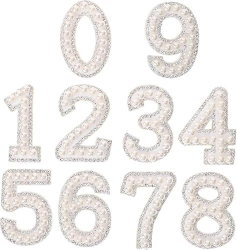 10Pcs Pearl Number Patches, 0-9 Self Adhesive Number Rhinestone Patches Pearl Iron on Number Stickers Glitter Number Alphabet Applique Stickers for DIY Clothes Purse Bags