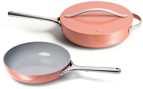 Caraway Non-Stick Fry Pan and Sauté Pan Duo | 10.5 Ceramic Frying Pan and 12 Deep Sauté Pan with Lid, Non-Stick, Non-Toxic, Oven Safe, Perracotta