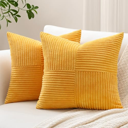 Sungeek 2er Set Cord Kissenbezüge, Kreuz Streifen Muster Kordsamt Kissenbezug Sofakissen Dekokissen Patchwork Design Deko Zierkissenbezüge Kissenhülle für Wohnzimmer (45x45cm, Goldgelb)