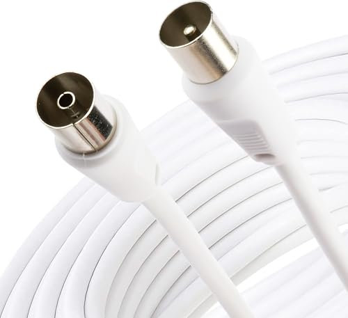 D.A.Y. Republic 10m TV Aerial Coax Cable with Female Adapter - Coaxial Satellite Antenna AV Lead Male to RF Connector Extension Silver FreeView, FreeSat, Sky Box, BT (10m Plug to Socket Cable)