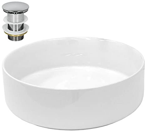 LuxeBath Waschbecken Keramik rund Ø 355 x 120 mm Weiß mit Ablaufgarnitur Silber, Aufsatzwaschbecken für Badezimmer/Gäste-WC, Modernes Aufsatzbecken, Waschtisch Waschschale Waschplatz Handwaschbecken