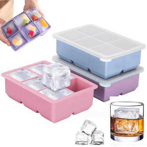 3 Piezas Cubiteras para Hielo Grande, 6 Compartimentos Cubitera Silicona | Cubitera para Hielo de Silicona con Tapa Grande Ice Cube Tray para Bebidas Frías, Whisky, Cócteles (Verde, Rosa, Morado)