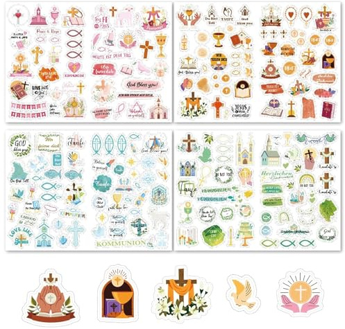 ASOMI 4 Blätter Kommunion Aufkleber, 205 Beiträge Gästebuchaufkleber Taufe, Konfirmation Sticker Scrapbook Karten Deko, für Kommunion Taufe Konfirmation