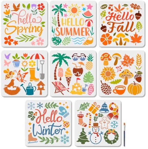MAYJOYDIY 8 Stück 4 Jahreszeiten Schablone Wiederverwendbar Hello Summer Fall Schablonen Zum Malen 30×30cm Frühlings Winter Zeichenvorlagen Mit Pinsel Für Wand Boden Möbel Holz Papierdekoration