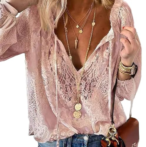 Fronage Floral Embroidered Lace Tops for Women UK Boho Sexy V Neck Long Sleeve Shirts Casual Hollow Out Looes Lace Tops Pink
