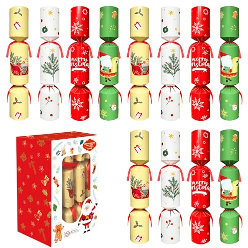 MQJJSM 12-Pack Christmas No-Snap Party Crackers – No Snap Table Favor with Party Hat, Joke & Little Gift Inside, Christmas Seasonal Holiday Dinner Traditions