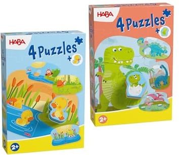 HABA Steckpuzzle Puzzle-Set mit Holzfiguren 2er Pack - mit Holzfiguren: Dinos (Babydino) & Tierkinder (Ente) ab 2 Jahren
