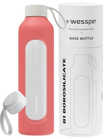 Wessper Bouteille en Verre 1l, Gourde motivation avec étui - Corail | bouteille borosilicate verre, gourde de motivation avec échelle D'hydratation, Sens BPA