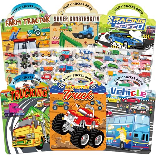 Elfew 6 Stück Fahrzeuge Wiederverwendbare Stickerbüch für Junge 2-4 Jährige | Wiederverwendbare Stickerbüch für Kinder, über 300+ Fahrzeuge Aufkleber, Puffy Sticker Kinder, Junge Geburtstag Party Zubehör