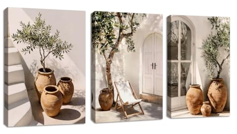 3 Pcs Landhausstil Rustikal Stillleben Botanisch Leinwand Bilder Mit Rahmen Vintage Bäume in einer Vase Bild Auf Leinwand Wandkunst Sessel Leiter Wandbilder Deko für Wohnzimmer Schlafzimmer 50X70cmX3