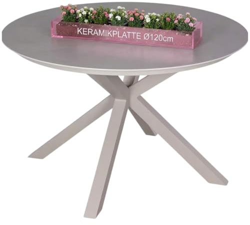 MR. DEKO Gartentisch Rund Malaga 120cm Ivory | Balkontisch Terrassentisch | wetterfest Keramikplatte